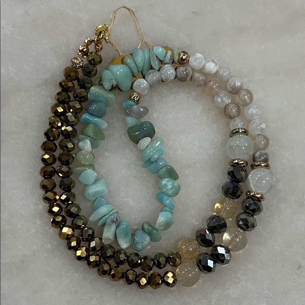 24” Elegant Amazonite Beaded Necklace in Gold Crystals and Agate